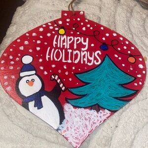 Hand Painted Holiday Sign penguin snowy scene